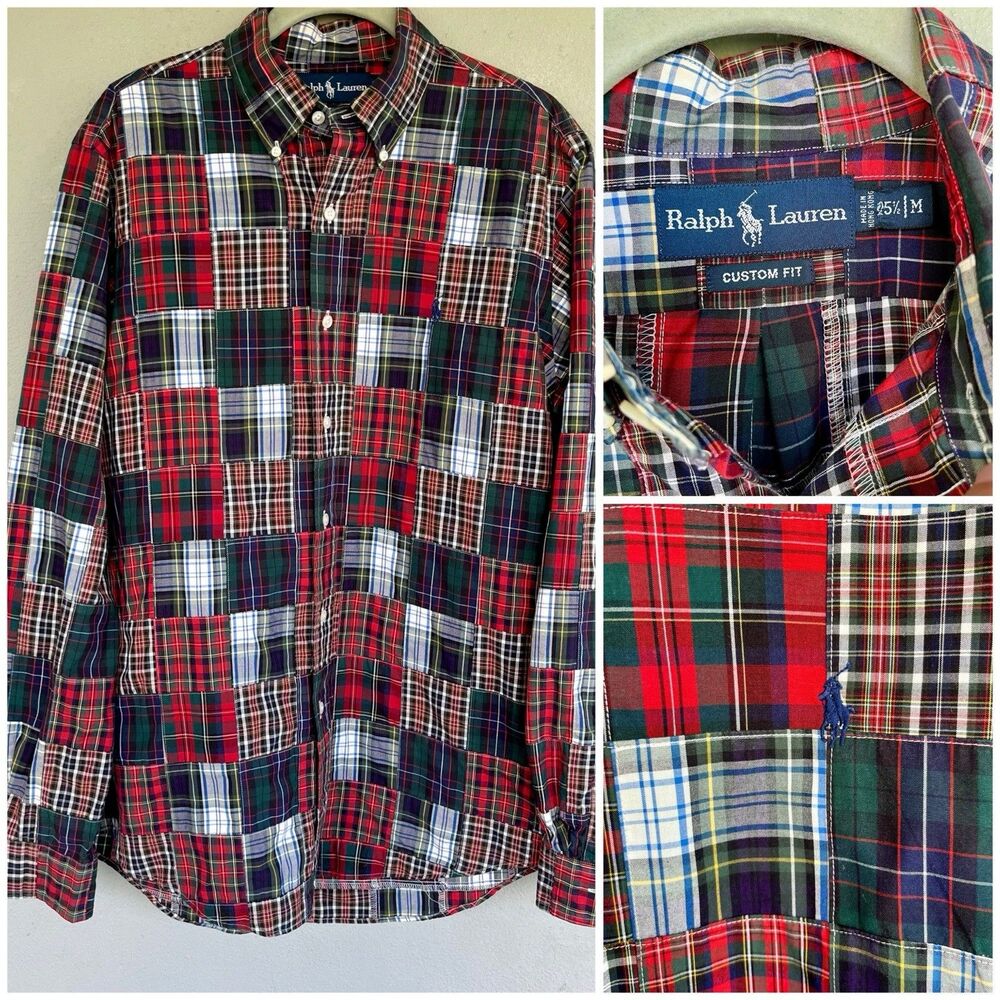 Vtg 80s Polo Ralph Lauren Shirt Mens M Patchwork Madras Plaid Button Up Heritage